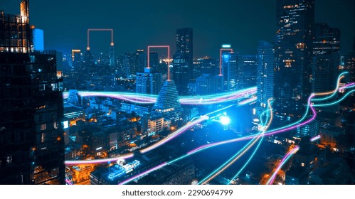 Smart city with speed line glowing light trail surround the city. big data connection technology concept - Powered by Shutterstock