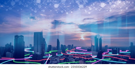 Smart city with speed line glowing light trail surround the city. big data connection technology concept - Powered by Shutterstock - Get 15% off with code: PIKWIZARD15
