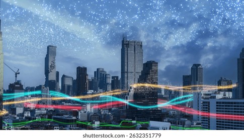 Smart city with speed line glowing light trail surround the city. big data connection technology concept