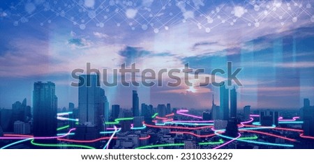 Smart city with speed line glowing light trail surround the city. big data connection technology concept