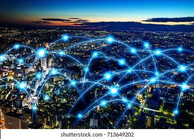 Smart City And Telecommunication Network Concept. Abstract Mixed Media.