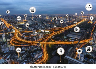 Smart City Things Icons Mesh On City Traffic Night Background  And Wireless Communication Network, Business District With Expressway And Highway. (Business And Internet Concept) 