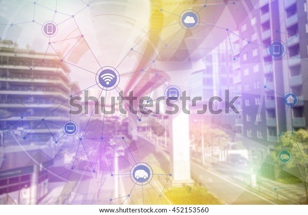 smart city and vehicles,\
wireless communication network, internet of things, abstract image\
visual