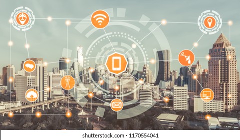 Smart city and wireless communication network concept - Internet of Things ( IOT ), Information Communication Technology ( ICT )