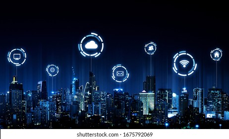 Smart city and wireless communication network concept. Internet of things (IOT). Information communication technology (ICT)