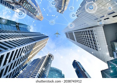 Smart city and wireless communication network on skyscrapers Central Business District in Singapore background, Financial modern technology concept