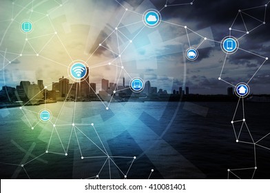 smart city and wireless communication network, IoT(Internet of Things), ICT(Information Communication Technology), digital transformation, abstract image visual