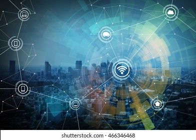 Smart City And Wireless Communication Network, IoT(Internet Of Things),CPS(Cyber-Physical Systems), ICT(Information Communication Technology), Abstract Image Visual