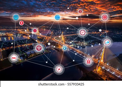 Smart City And Wireless Communication Network, Business District With Expressway And Highway, Abstract Image Visual, Internet Of Things Concept