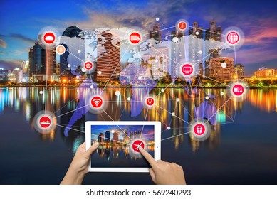 Smart City And Wireless Communication Network, Bangkok Cityscape. Bangkok Night View In The Business District. At Twilight, Abstract Image Visual, Internet Of Things Concept