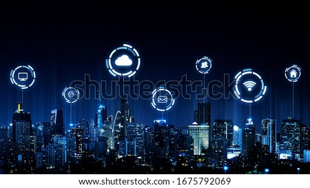 Smart city and wireless communication network concept. Internet of things (IOT). Information communication technology (ICT)