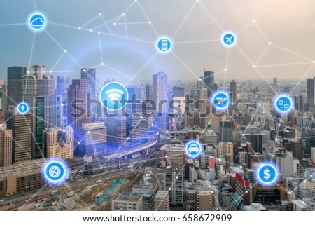 Smart city and wireless communication network, business district with office building, abstract image visual, internet of things concept