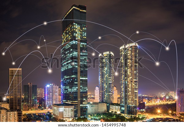Smart city and wireless\
communication network concept. Digital network connection lines of\
Hanoi city