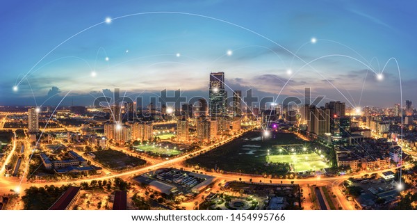 Smart city and wireless
communication network concept. Digital network connection lines of
Hanoi city