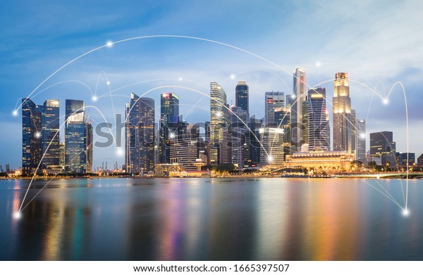 Smart city
and wireless communication network concept. Digital network
connection lines of Singapore at Marina
Bay