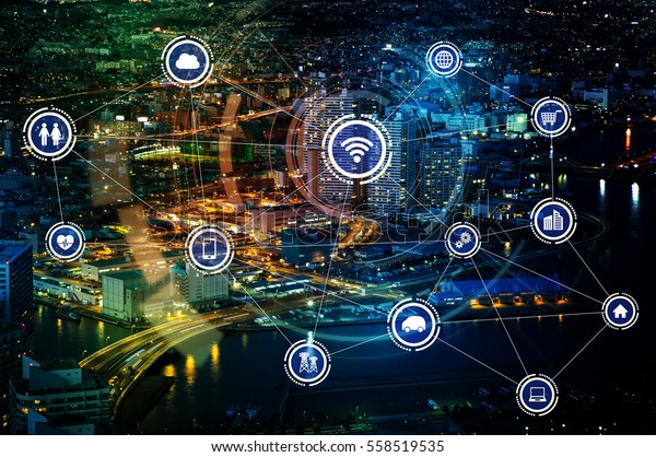 smart city and wireless\
communication network, IoT(Internet of Things), ICT(Information\
Communication Technology), digital transformation, abstract image\
visual