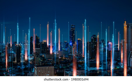 Smart city with wireless network connection and cityscape.big data connection technology concept.Wireless network and Connection technology concept with city background at night. - Powered by Shutterstock - Get 15% off with code: PIKWIZARD15