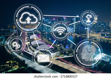 Smart City, Wireless Technology Abstract On Singapore Financial District Background At Night