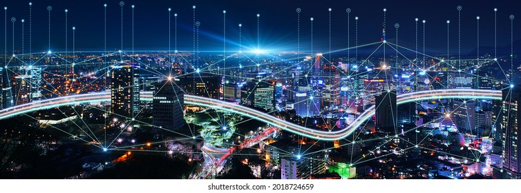 Smart Connection Network System, Smart City Network Concept, 5G Wireless Connection.