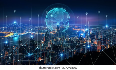 Smart connection network system, smart city network concept, 5G wireless connection.