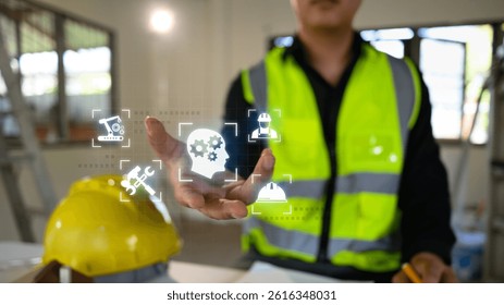 Smart construction technology concept with engineer activating virtual engineering tools
