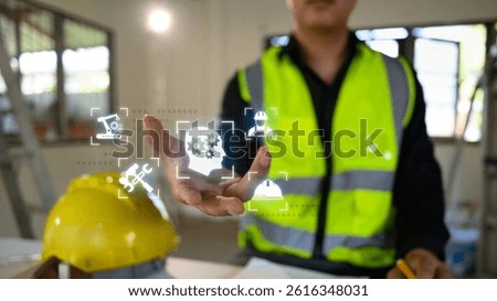 Smart construction technology concept with engineer activating virtual engineering tools