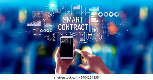 Smart contract theme with person using a smartphone in a city at night - Powered by Shutterstock - Get 15% off with code: PIKWIZARD15