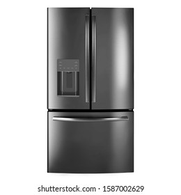 Smart Counter Depth French Door Refrigerator Isolated On White. Front View Black Stainless Steel 3 Doors Bottom Mount Full Frost Free Fridge Freezer Wi-Fi Connect. Kitchen & Domestic Major Appliances