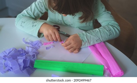 Smart Creative Caucasian Girl Preparing Art Project For Elementary School Using Colorful Blotting Tissue Paper And Paper Glue