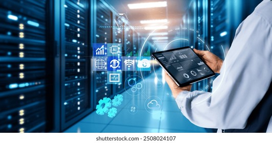 Smart Data center management system concept.IT Engineer Hands using digital tablet with Data server Management Software on blurred Data center as background