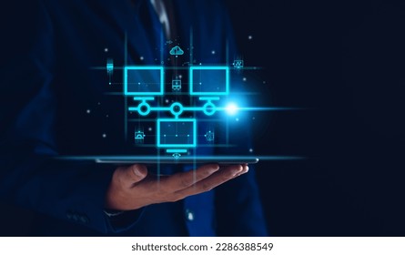 Smart data exchange technology, Data transfer, Cloud network connects to internet server of business. Online data storage and cyber security. Cloud syncing technology. Cloud computing internet network