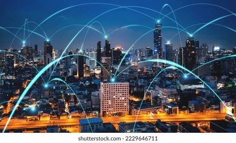 Smart digital city with connection network reciprocity over the cityscape . Concept of future smart wireless digital city and social media networking systems that connects people within the city .