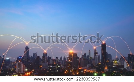 Smart digital city with connection network reciprocity over the cityscape . Concept of future smart wireless digital city and social media networking systems that connects people within the city .