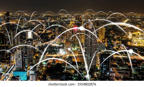 Smart digital city with globalization abstract graphic showing connection network . Concept of future 5G smart wireless digital city and social media networking systems .