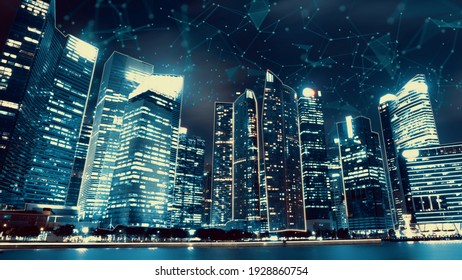 Smart Digital City With Globalization Abstract Graphic Showing Connection Network . Concept Of Future 5G Smart Wireless Digital City And Social Media Networking Systems .