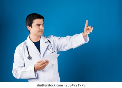 Smart doctor holding transparent tablet searching disease research zoom in or out for choosing futuristic technology for remedy therapy healthcare innovation interface hologram r screen. Contrivance. - Powered by Shutterstock