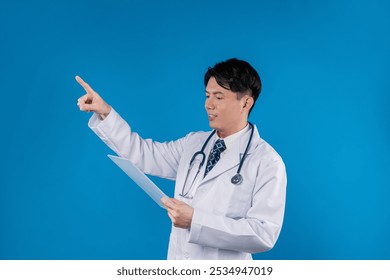 Smart doctor holding transparent tablet pointing slide disease research data futuristic technology griping in analyzing remedy therapy healthcare innovation interface 3D hologram screen. Contrivance. - Powered by Shutterstock