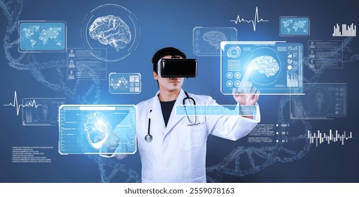 Smart doctor wearing VR glasses to access big data and pointing at medical data. Professional healthcare worker checking patient human organ and analyzing and diagnosis symptom. Healthcare. Ingenuity. - Powered by Shutterstock