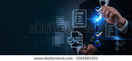 Smart document verification system showing virtual checklist interface. Business professional managing digital compliance workflow with approved marks.