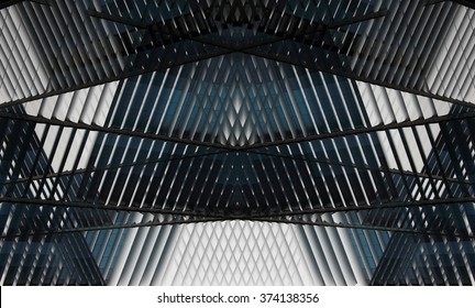 Smart double exposition photo of jalousie provided this realistic but nor real architectural structure with girders supporting ceiling / roof. Charming mix of industrial hi-tech and neo Gothic styles - Powered by Shutterstock