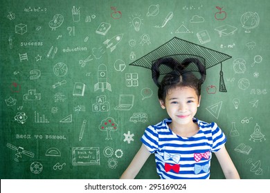 Smart Educated School Kid Student With Graduation Hat Doodle On Chalkboard  For Children's World Literacy Day And Scholarship Concept