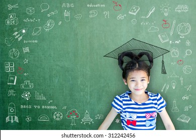 Smart educated school kid student with graduation hat doodle on chalkboard  for children's education success and scholarship concept