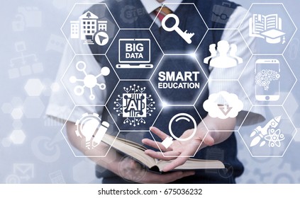 Smart Education AI Big Data Cloud Computing Concept. Student Offers Smart Education Icon On Virtual Screen. Intellectual E-learning Technology.