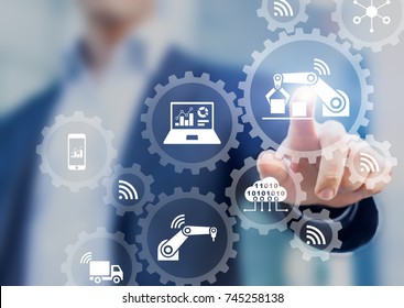 Smart factory automation and industry 4.0 concept with connected production robots data with internet of things (IoT) and cloud computing technology, businessman touching interface with icons in gears