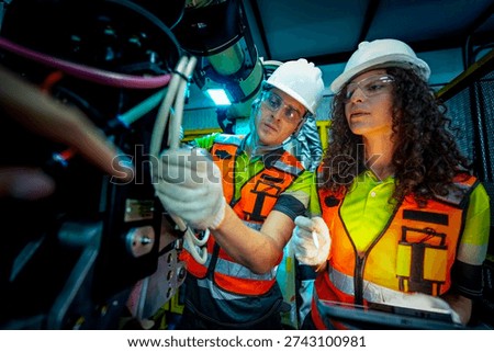 In a smart factory, an engineer uses an augmented reality tablet to guide her partner through a complex repair, overlaying digital instructions on the robot after an AI alert.
