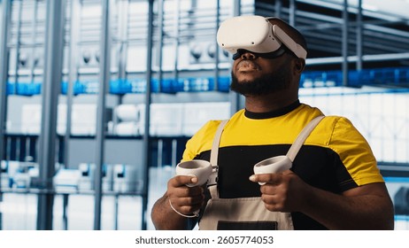 Smart factory expert using VR headset to test automated systems and ensure reliability. Worker virtual reality tech to identify bottlenecks and optimize gear based on sensors data, camera A - Powered by Shutterstock - Get 15% off with code: PIKWIZARD15
