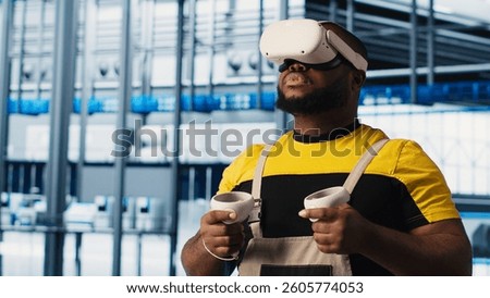 Smart factory expert using VR headset to test automated systems and ensure reliability. Worker virtual reality tech to identify bottlenecks and optimize gear based on sensors data, camera A