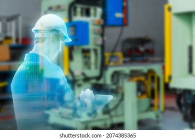 Smart Factory, Industry 4.0 Manufacturing , Virtual AR Augmented Reality Engineer Working In Factory Production Line With Machine, Metaverse Future Industry Engineering 