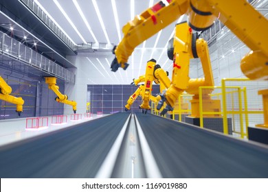 Smart Factory, Modern Automated Production Plant With Robot Arms - Smart Industry 4.0 Future Concept