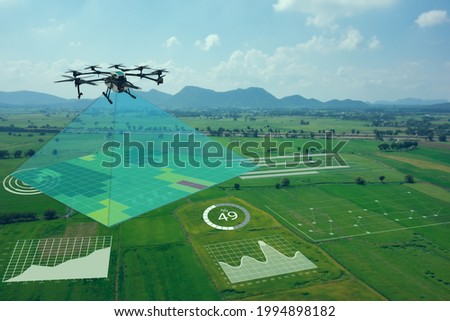 Smart farm, precision farming concept. Use drone for various fields like research analysis, terrain scan technology, monitoring soil hydration, yield problem, take photo and send data to the cloud